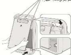 Diagram illustrating a folding or lifting process with labeled parts and directional arrows, including inset images of a person inside a cabin.