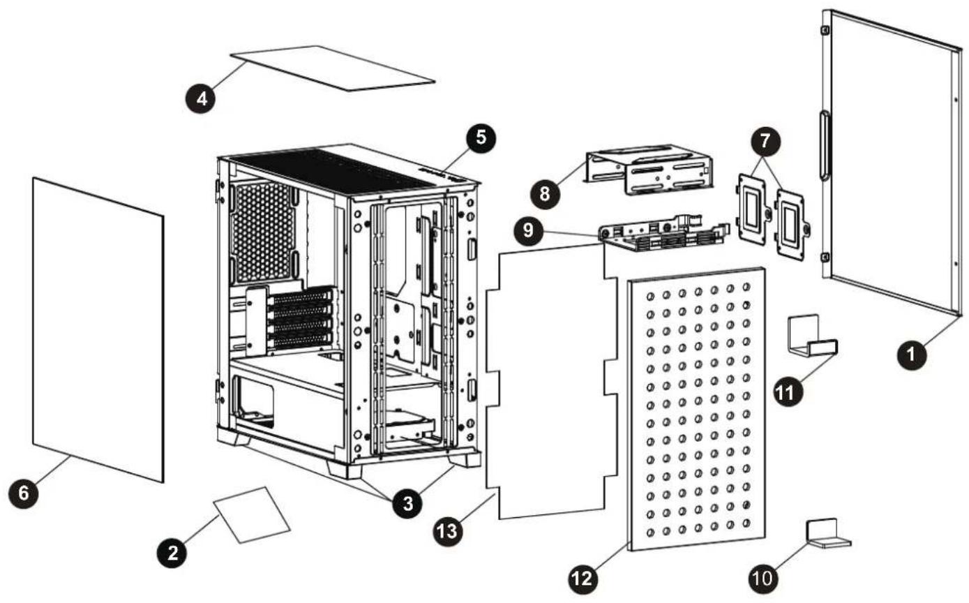 Exploded view diagram of a desktop computer tower with numbered components for identification