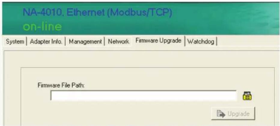 NA-4010. Ethernet (Modbus/TCP) on-line System | Adapter Info. | Management | Network | Firmware Upgrade | Watchdog | Firmware File Path: Upgrade