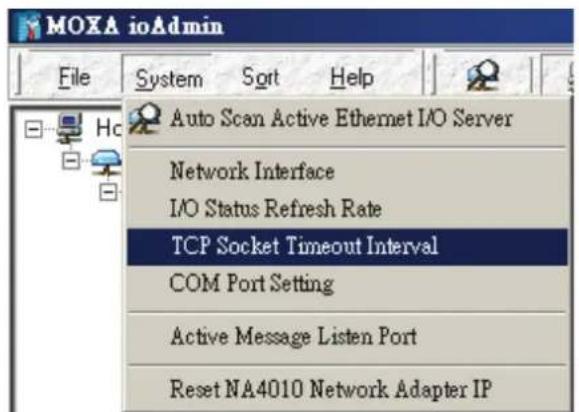 MOXA ioAdmin File System Sort Help Auto Scan Active Ethernet I/O Server Network Interface I/O Status Refresh Rate TCP Socket Timeout Interval COM Port Setting Active Message Listen Port Reset NA4010 Network Adapter IP