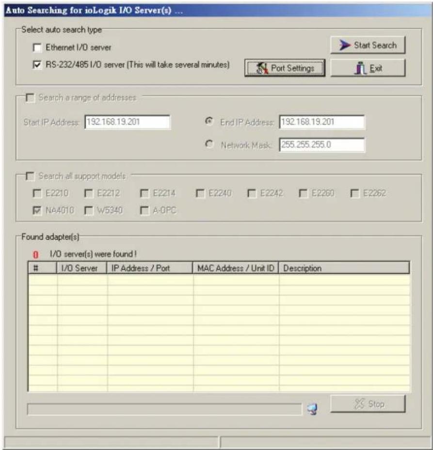 Auto Searching for ioLogik I/O Server(s) ... Select auto search type Ethernet I/O server RS-232/485 I/O server (This will take several minutes) Start Search Port Settings Exit Search a range of addresses Start IP Address: 192.168.19.201 End IP Address: 192.168.19.201 Network Mask: 255.255.255.0 Search all support models E2210 E2212 E2214 E2240 E2242 E2260 E2262 NA4010 W5340 A-OPC Found adapter(s) I/O server(s) were found! I/O Server IP Address / Port MAC Address / Unit ID Description Stop