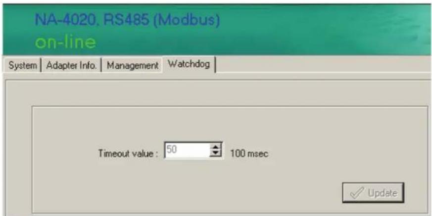 NA-4020, RS485 (Modbus) on-line System | Adapter Info. | Management | Watchdog | Timeout value: 50 100 msec Update