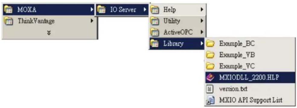 MOXA ThinkVantage IO Server Help Utility ActiveOPC Library Example_BC Example_VB Example_VC MXIODLL_2200.HLP version.txt MXIO API Support List