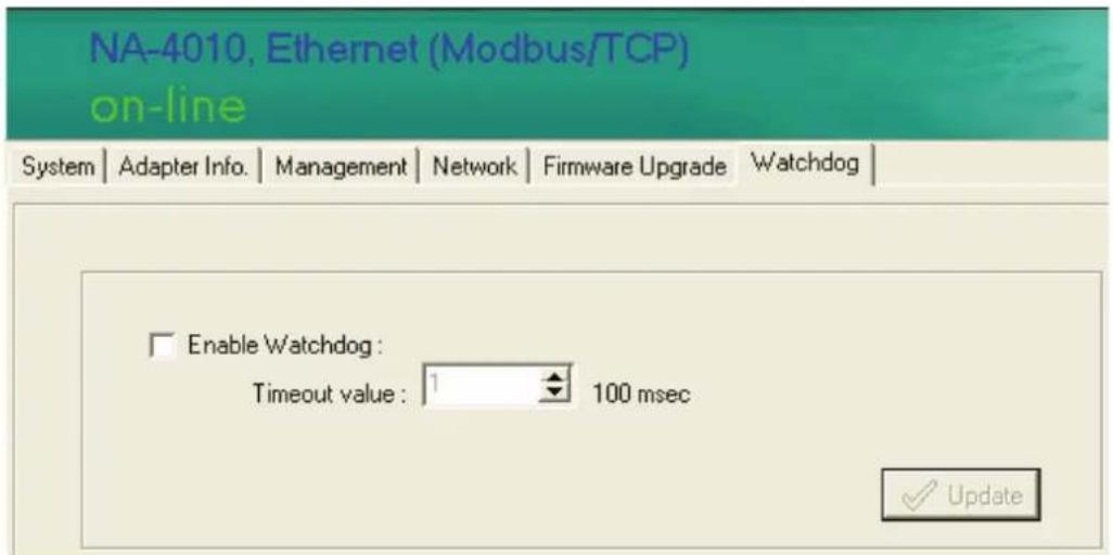 NA-4010, Ethernet (Modbus/TCP) on-line System | Adapter Info. | Management | Network | Firmware Upgrade | Watchdog | Enable Watchdog : Timeout value : 1 100 msec Update