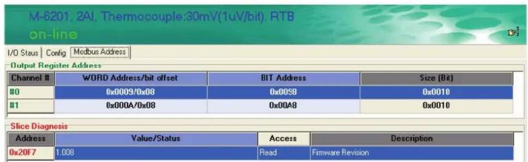 M-6201, 2AI, Thermocouple:30mV(1uV/bit), RTB on-line I/O Staus | Config Modbus Address Output Register Address Channel # WORD Address/bit offset BIT Address Size (Bit) #0 0x0009/0x08 0x00SB 0x0010 #1 0x000A/0x08 0x00A8 0x0010 Slice Diagnosis Address Value/Status Access Description 0x20F7 1.008 Read Firmware Revision