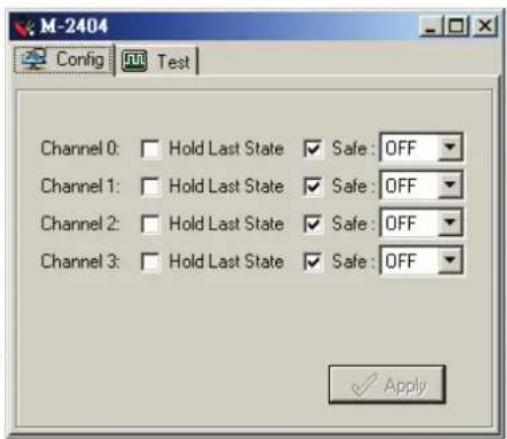 M-2404 Config Test Channel 0: Hold Last State Safe: OFF Channel 1: Hold Last State Safe: OFF Channel 2: Hold Last State Safe: OFF Channel 3: Hold Last State Safe: OFF ✓ Apply
