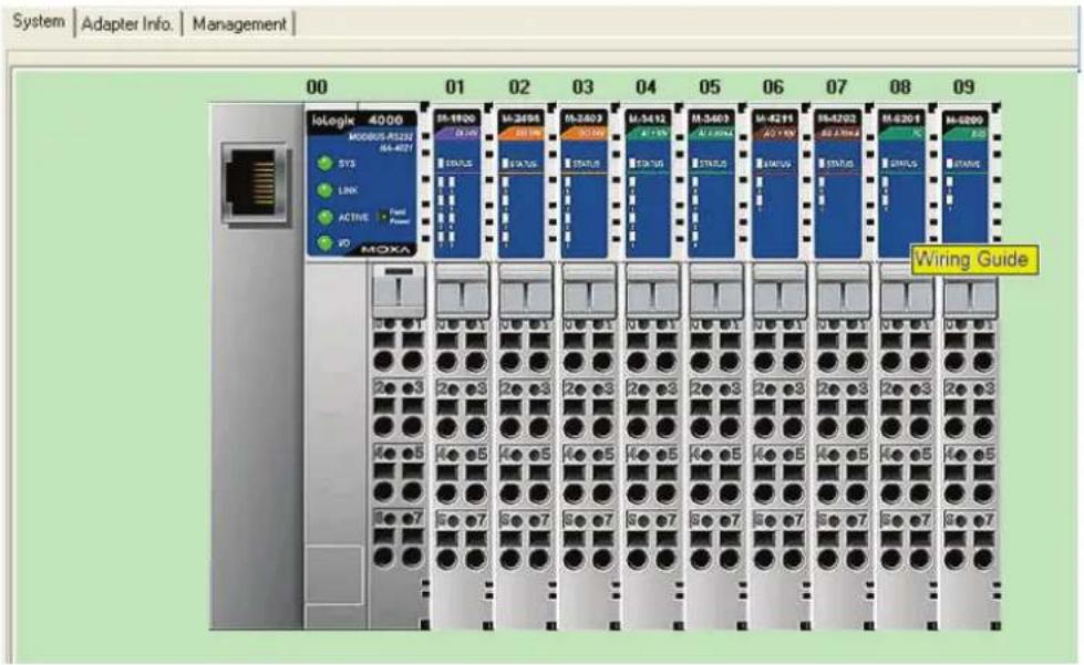 System | Adapter Info. | Management | 00 01 02 03 04 05 06 07 08 09 Iologie 4000 MODBUS-R5222 MA-402T SYS LINK ACTIVE Power MOXA M-1900 STATUS M-2495 STATUS M-2403 STATUS M-3412 STATUS M-3403 STATUS M-4211 STATUS M-4202 STATUS M-6201 STATUS M-6200 Wiring Guide