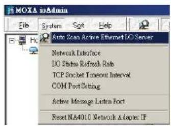 MOXA inAdmin File System Sqrt Help Auto Scan Active Ethernet I/O Server Network Interface I/O Status Refresh Rate TCP Socket Timeout Interval COM Port Setting Active Message Listen Port Reset NA4010 Network Adapter IP
