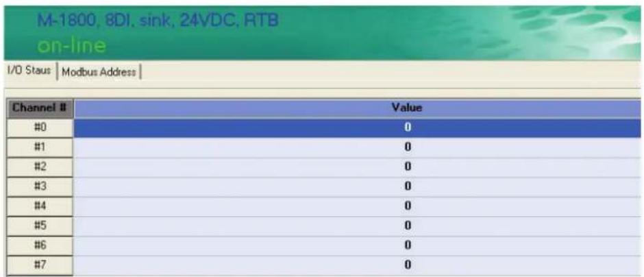 M-1800, 8DI, sink, 24VDC, RTB on-line I/O Staus | Modbus Address | Channel # Value #0 0 #1 0 #2 0 #3 0 #4 0 #5 0 #6 0 #7 0