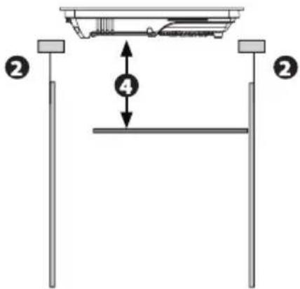 Diagram showing a mechanical setup with labeled components and dimensions, including a central component and two numbered reference points.