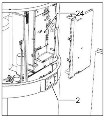 Technical diagram of a mechanical device with labeled parts, showing internal components and part numbers 2 and 24.