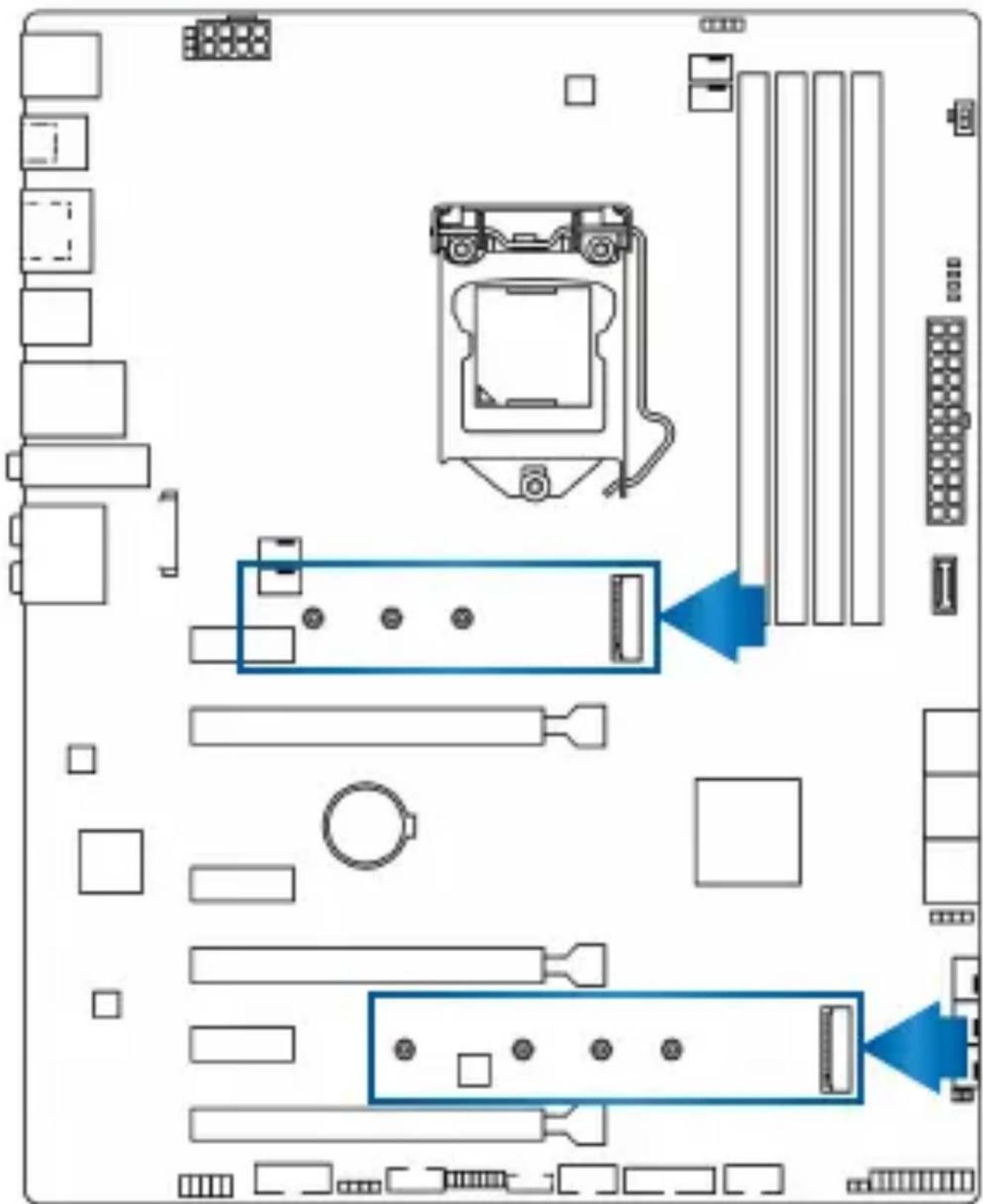 Diagram of a computer motherboard layout with labeled components and connectors, including CPU socket, drive, and indicator lights.
