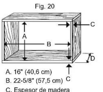 Fig. 20 A. 16" (40,6 cm) B. 22-5/8" (57,5 cm) C. Espesor de madera