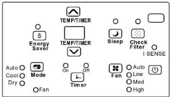 TEMP/TIMER Energy Saver TEMP/TIMER Sleep Check Filter I SENSE Auto Cool Dry Mode Fan On Off Timer Fan Auto Low Med High