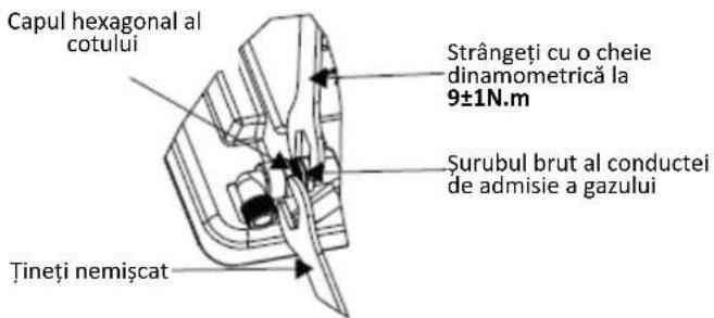 Capul hexagonal al cotului Strângeți cu o cheie dinamometrică la 9±1N.m Surubul brut al conductei de admisie a gazului Tineți nemișcat