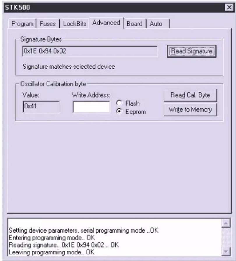 STK500 Program Fuses LockBits Advanced Board Auto Signature Bytes 0x1E 0x94 0x02 Read Signature Signature matches selected device Oscillator Calibration byte Value: Write Address: Read Cal. Byte 0x41 Flash Eeprom Write to Memory Setting device parameters, serial programming mode ..OK Entering progra…