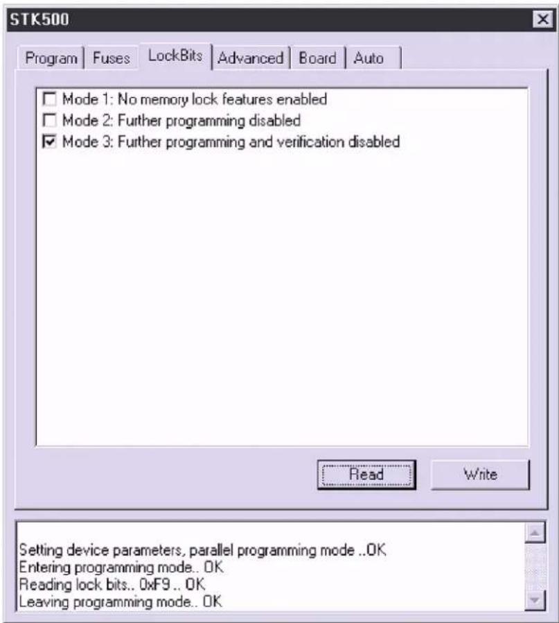 STK500 Program Fuses LockBits Advanced Board Auto □ Mode 1: No memory lock features enabled □ Mode 2: Further programming disabled ☑ Mode 3: Further programming and verification disabled Read Write Setting device parameters, parallel programming mode ..OK Entering programming mode.. OK Reading lock…