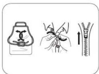 Illustration showing a medical procedure with a bottle, hand holding a needle, and a zipper mechanism.