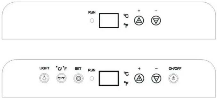 RUN ○ □ °C + - °F LIGHT °C/°F SET RUN ○ c/f ● ○ □ °C + - ON/OFF °F