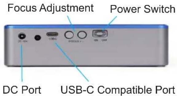 Focus Adjustment Power Switch DC Port USB-C FOCUS - ON - OFF USB-C Compatible Port