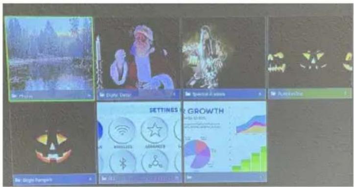 Screenshot of a digital dashboard interface displaying six panels with images, icons, and charts, likely related to game or event management.