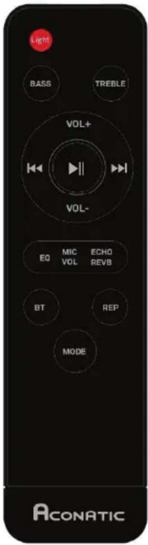 Light BASS TREBLE VOL+ VOL- EQ MIC ECHO VOL REVB BT REP MODE ACONATIC