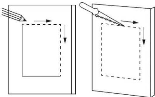 Diagram illustrating two steps of drawing a rectangle, with arrows indicating direction and dashed outlines.
