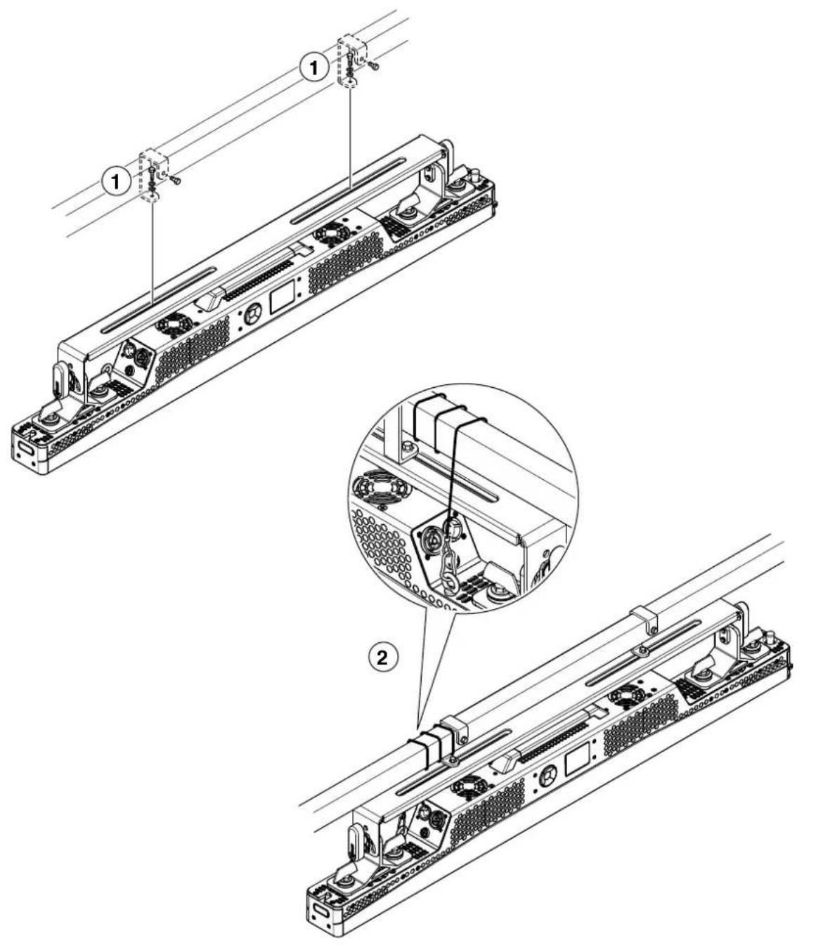 Technical diagram showing two views of a server rack with labeled components and an inset close-up of internal hardware.