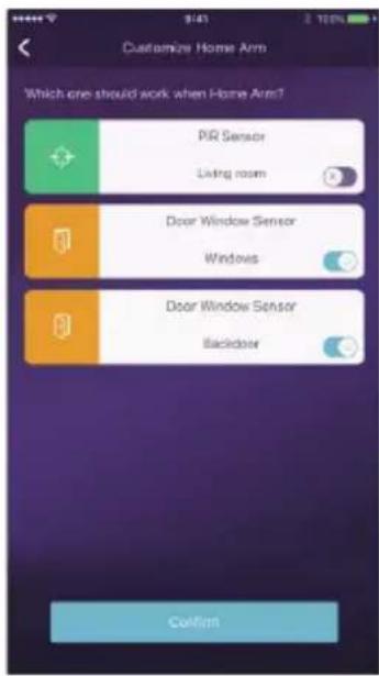 Customize Home Arm Which one should work when Home Arm? PIR Sensor Living room Door Window Sensor Windows Door Window Sensor Backdoor Confirm