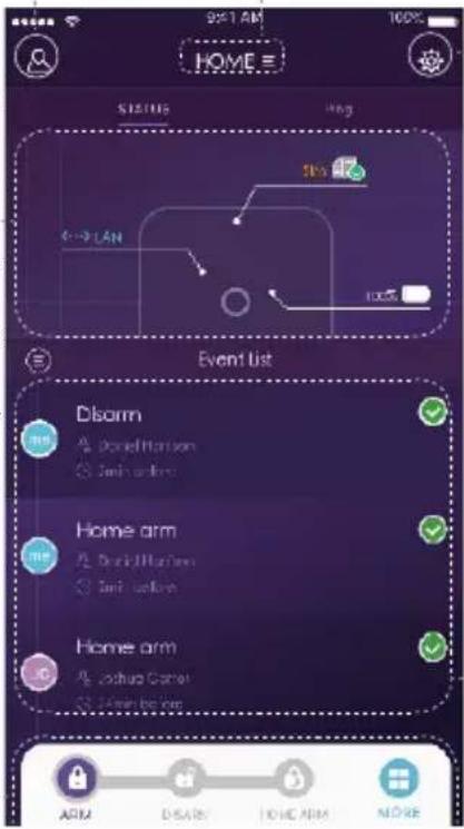 9:31 AM HOME STATUS Hang Event list Disarm DramdHanson Sanh unlans Home arm DramdHanson Sanh unlans Home arm Zizhuo Carter Sanh unlans ARM DISAR HOME ARM MORE