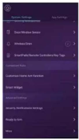 System Earnings App Earnings GOO Pharmacy Management Door/Window Sense Wireless Sires SmartPad/Remote Controllers/Key Tags Command User Customize Home Arm Function Smart Widget Advanced Callings Security Multination Settings Ready to Ann More