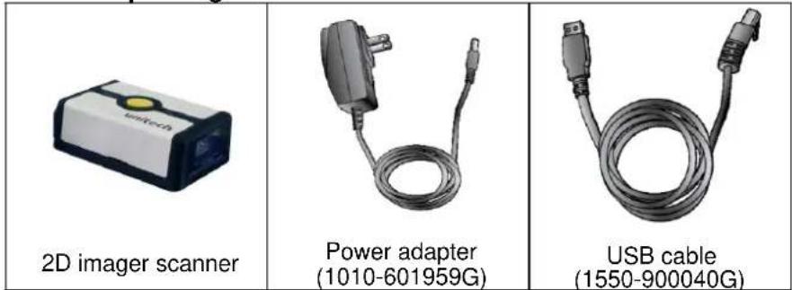 2D imager scanner Power adapter (1010-601959G) USB cable (1550-900040G)