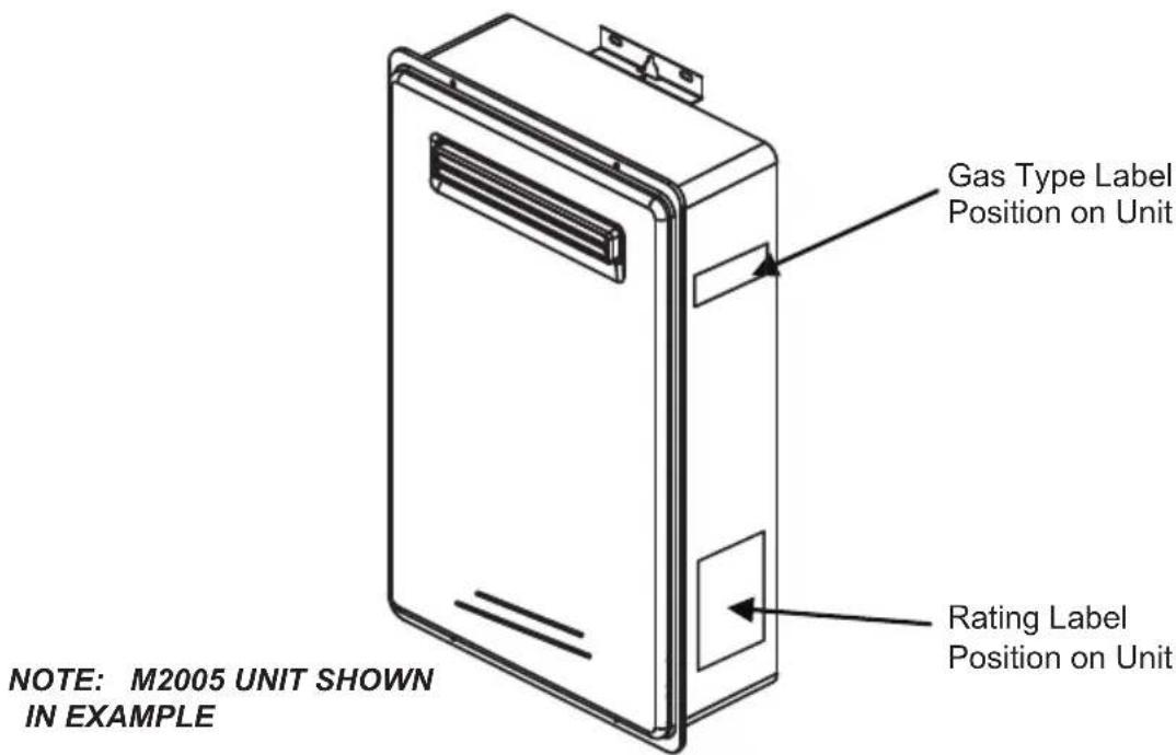 Gas Type Label Position on Unit Rating Label Position on Unit NOTE: M2005 UNIT SHOWN IN EXAMPLE