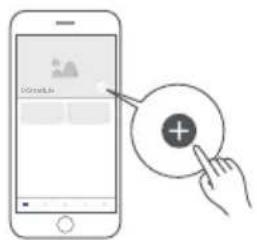 Diagram showing a hand interacting with a smartphone displaying a login interface, with a plus button and circular icon highlighting the function.