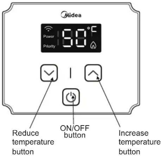 Midea Power 10.0°C Priority ✓ ↓ ON/OFF button Increase temperature button Reduce temperature button Increase temperature button