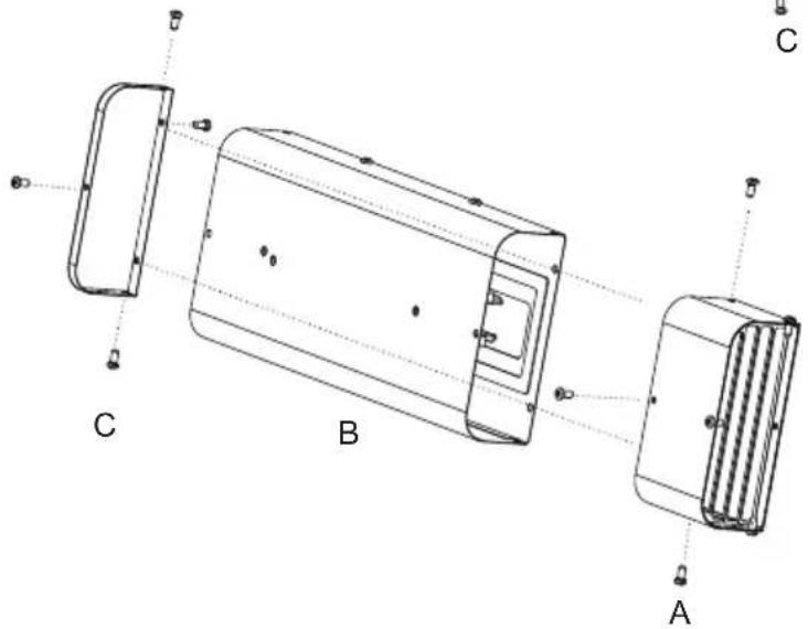 Technical diagram of a device with labeled components A, B, and C, showing internal structure and assembly lines.