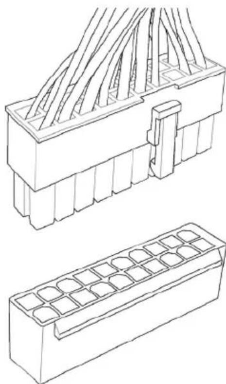 Technical line drawing of two electronic component assemblies: a multi-pin connector and a grid-patterned case (no text or symbols)