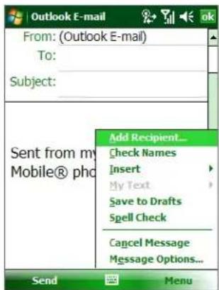 Outlook E-mail From: (Outlook E-mail) To: Subject: Sent from my Mobile® phd Add Recipient... Check Names Insert My Text Save to Drafts Spell Check Cancel Message Message Options... Send Menu