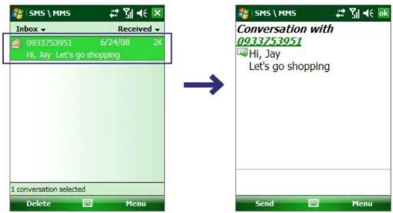 SMS \ MMS Inbox Received 0933753951 6/24/08 2K Hi, Jay Let's go shopping 1 conversation selected Delete Menu Conversation with 0933753951 Hi, Jay Let's go shopping Send Menu