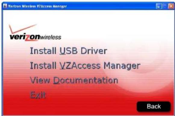 verizonwireless Install USB Driver Install VZAccess Manager View Documentation Exit Back