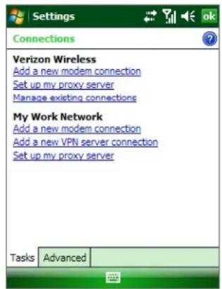 Settings Verizon Wireless Add a new modem connection Set up my proxy server Manage existing connections My Work Network Add a new modem connection Add a new VPN server connection Set up my proxy server Tasks Advanced