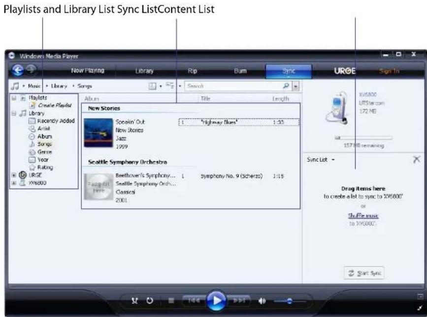 Playlists and Library List Sync ListContent List Windows Media Player New Playing Library Rap Bum Sync UROE Sign In Music Library Songs Search Album Title Length New Stories Speaking Out 1 "Highway Blues" 1:35 New Stories Jazz 1999 Seattle Symphony Orchestra Beethoven's Symphony... 1 Symphony No. 9 (Scherzo) 1:15 Seattle Symphony Orch... Classical 2001 Sync List - Drag items here to create a list to sync to 3X6000" or ShuPie music to 3X6000 Start Sync