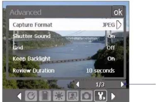 Advanced Capture Format JPEG Shutter Sound On Grid Off Keep Backlight On Review Duration 10 seconds 1/3