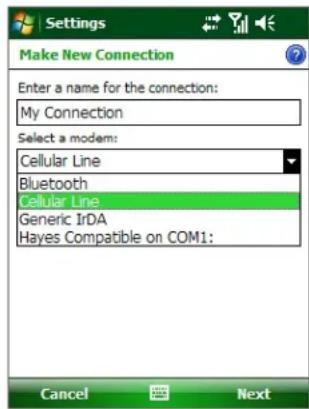 Settings Make New Connection Enter a name for the connection: My Connection Select a modem: Cellular Line Bluetooth Cellular Line Generic IrDA Hayes Compatible on COM1: