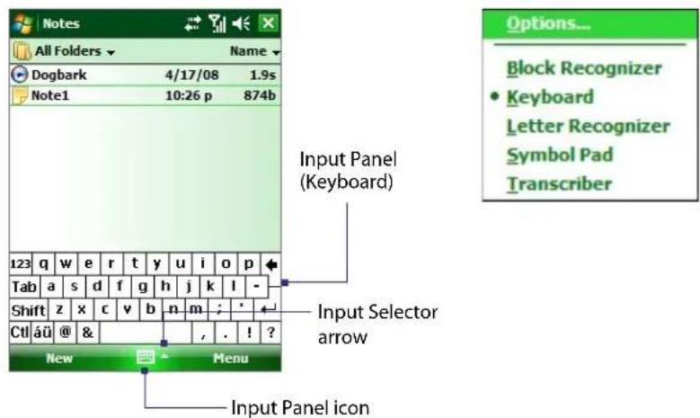 Notes All Folders ▼ Name ▼ Dogbark 4/17/08 1.9s Note1 10:26 p 874b Input Panel (Keyboard) 123 q w e r t y u i o p Tab a s d f g h j k l - Shift z x c v b n m ; * Ctrl áü @ & , . ! ? New Menu Input Selector arrow Input Panel icon Options... Block Recognizer • Keyboard Letter Recognizer Symbol Pad Transcriber