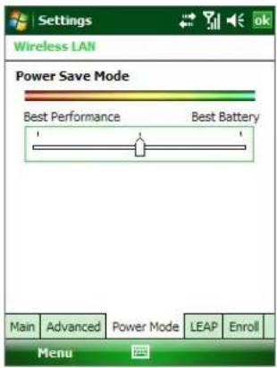 Settings Wireless LAN Power Save Mode Best Performance Best Battery Main Advanced Power Mode LEAP Enroll Menu