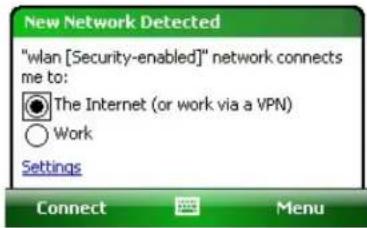 New Network Detected "wlan [Security-enabled]" network connects me to: The Internet (or work via a VPN) Work Settings Connect Menu