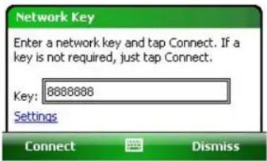 Network Key Enter a network key and tap Connect. If a key is not required, just tap Connect. Key: 8888888 Settings Connect Dismiss