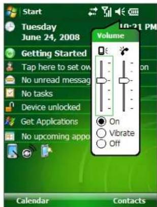 Start Tuesday June 24, 2008 Getting Started Tap here to set on No unread messag No tasks Device unlocked Get Applications No upcoming appo Volume On On Vibrate Off Calendar Contacts