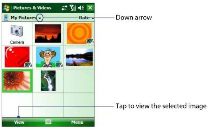 Pictures & Videos My Pictures Date Down arrow Camera Tap to view the selected image View Menu
